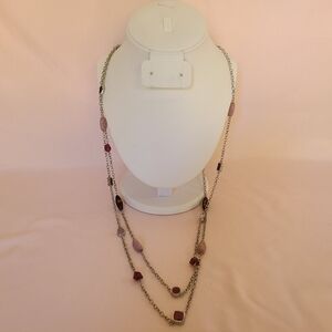 Silver Tone Station Pink Quartz Stone Wooden Enamel Bead Necklace Boho Layered